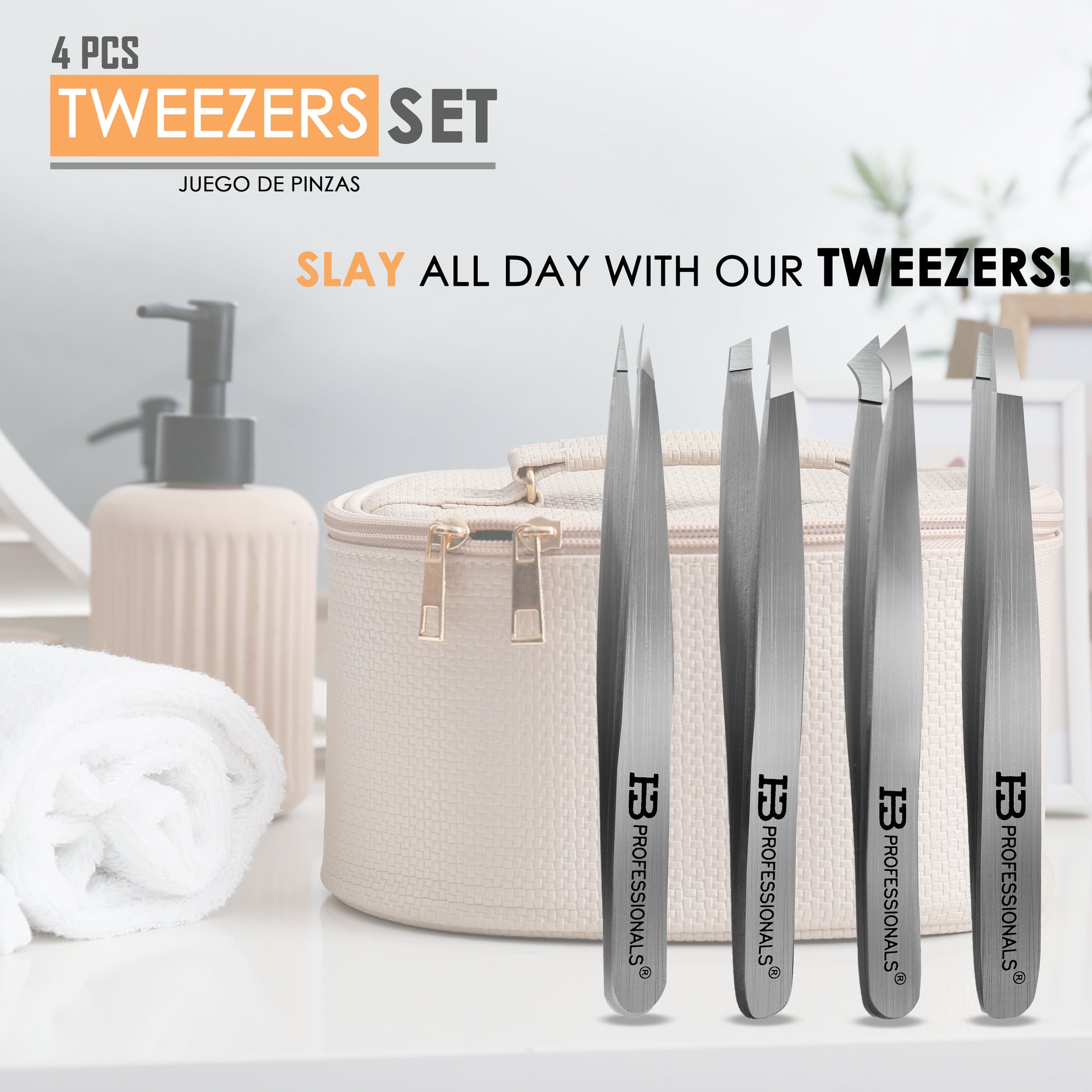 Tweezers Set - Premium Stainless Steel Tweezers For Eyebrows - Perfect Precision For Facial Hair, Splinter & Ingrown Hair Removal - For Women & Men - 4 PCS SET (Matte Finish)