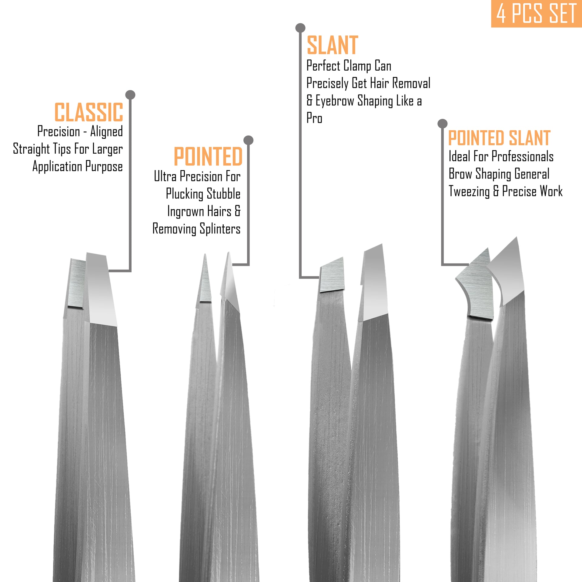 Tweezers Set - Premium Stainless Steel Tweezers For Eyebrows - Perfect Precision For Facial Hair, Splinter & Ingrown Hair Removal - For Women & Men - 4 PCS SET (Matte Finish)
